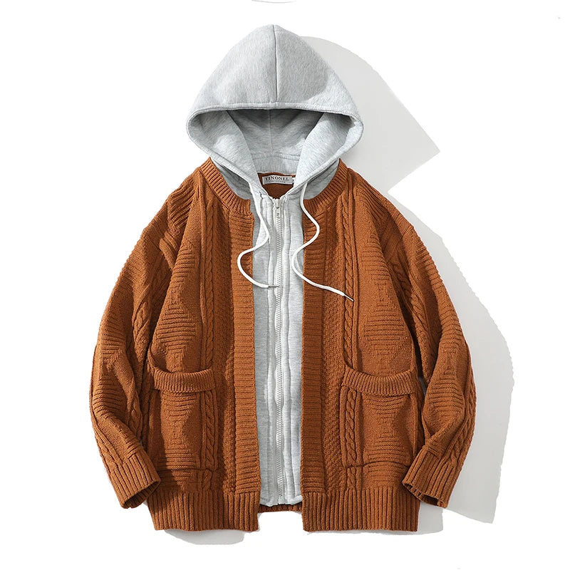 men hooded knitted cardigan sweater coat autumn winter fake two piece hooded drawstring jacket unisex streetwear relaxed fit trousers
