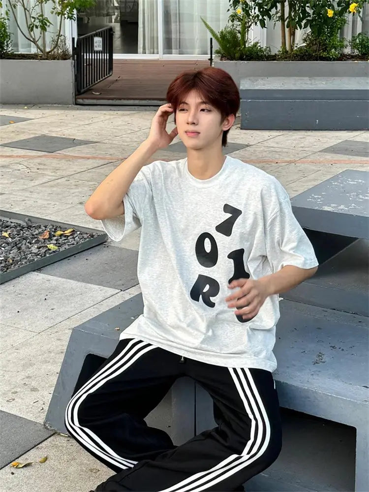 Korean street personalized printed graphic T-shirt summer men new y2k trendy loose sports half sleeved bottoming shirt top Street King Limited