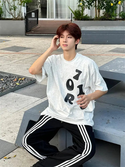 Korean street personalized printed graphic T-shirt summer men new y2k trendy loose sports half sleeved bottoming shirt top Street King Limited