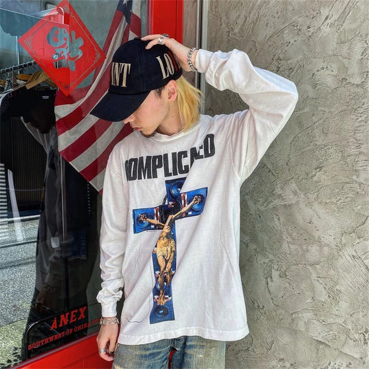 Summer 24ss Cross Print Brand Fashion Round Neck High-Street Round Neck Cotton Long Sleeve T Shirt Pullover Street King Limited