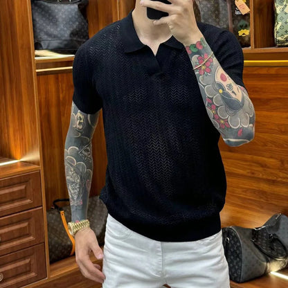 Mens Perspective Casual Cotton Knitted T-Shirt Daily Breathable Versatile Solid Color Simple Comfortable Elastic Top 2024 Summer Street King Limited