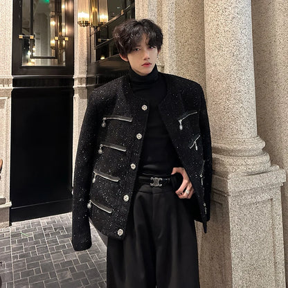 multi zipper sequin woolen jacket men french retro fashionable casual christmas jacket spring autumn coat stage show clothing clean everyday pants