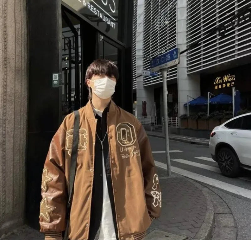 american retro mens baseball uniform street harajuku patchwork leather loose jackets color block towel embroidery trend coats unique default style 2926
