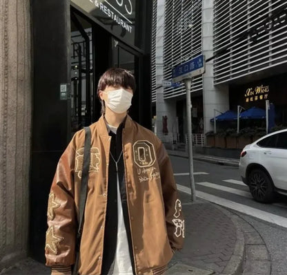 american retro mens baseball uniform street harajuku patchwork leather loose jackets color block towel embroidery trend coats unique default style 2926