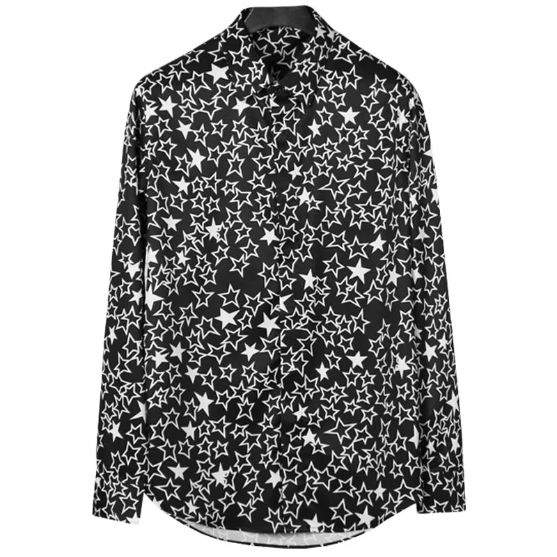 New 2022 Men 3D luxurious Classic Black White Star Print Fashion Silk Casual Shirts Shirt high Pocket Long-sleeves S 2XL #D276 Street King Limited