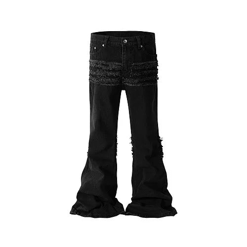 y2k streetwear trendy oversized micro flare jeans black ro hip hop washed tassel distressed denim jean raw edge mens wide pants unique jeans style 4777