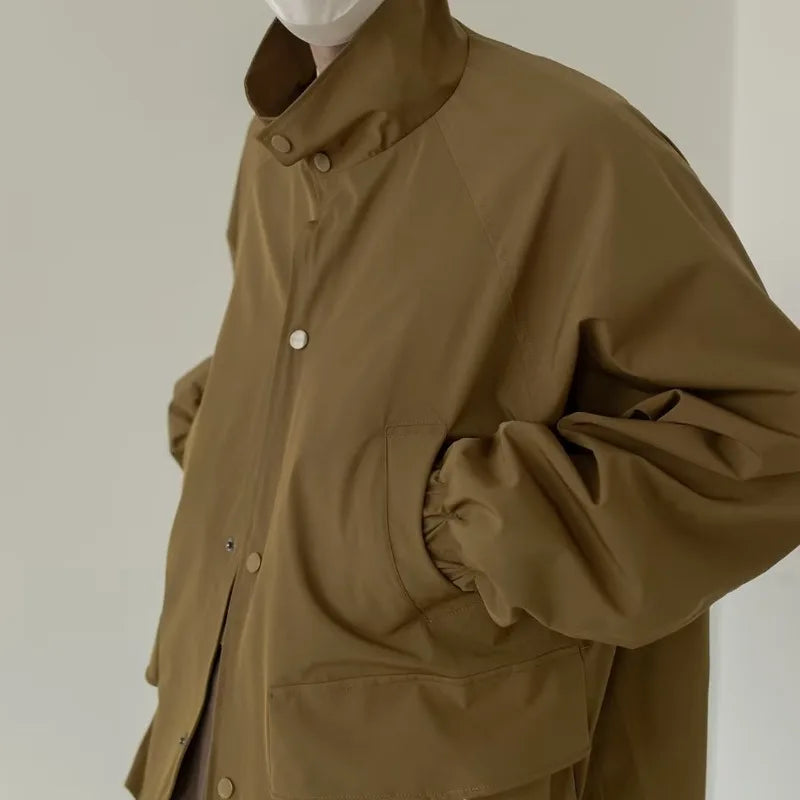 japanese spring jacket mens single breasted stand collar harajuku unisex coats solid big pocket drawstring casual men outwear unique default style 1878