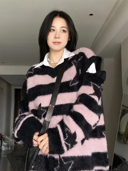 Punk Gothic Long Sweater Women Furry Knitted Sweaters Y2K Streetwear Loose Hollow Out Detachable Pullovers Harajuku Sexy Tops Street King Limited