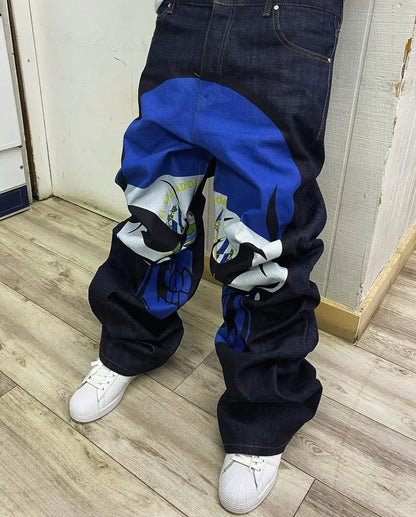 harajuku retro y2k pants gothic skateboard jeans skull denim print loose slouchy jeans men women pants streetwear hip hop jeans unique jeans style 3999