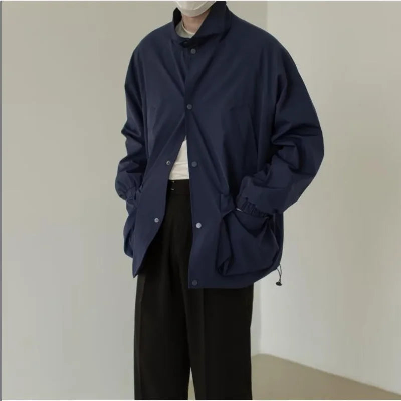 japanese spring jacket mens single breasted stand collar harajuku unisex coats solid big pocket drawstring casual men outwear clean everyday pants