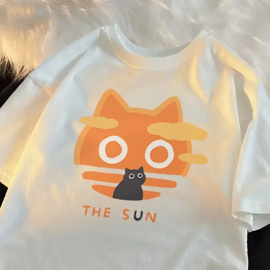 Summer Japanese Cartoon Anime Cat Short Sleeved Pure Cotton Short Sleeved T-shirt Loose and Versatile Cute Student Girl Top Street King Limited