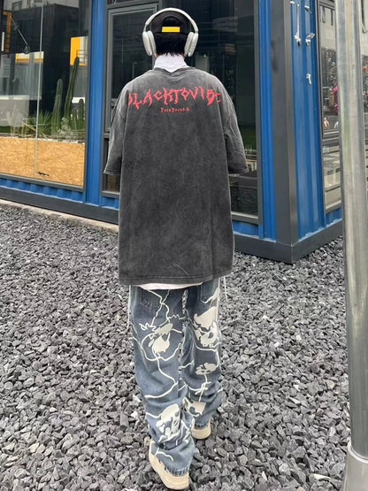 fashion lightning skull printed denim jeans mens unisex casual zipper straight jeans streetwear hip hop y2k jean pants joggers relaxed fit joggers