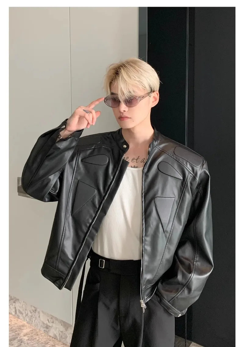 high street motorcycle pu leather jacket men hip hop trend shoulder padded coat street fashion stand collar zipper short outwear unique shorts style 1955