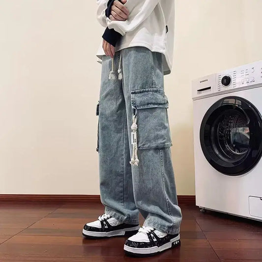 american retro and personalized straight leg jeans for men and women with hiphop big pocket design work pants loose casual pants vintage washed jeans