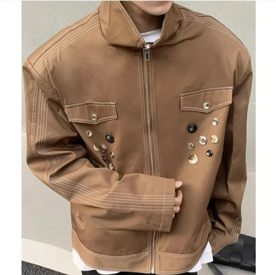 spring retro irregular button mens jacket shoulder pad design trend high street coats motorcycle fashion stand collar outwear unique default style 3858