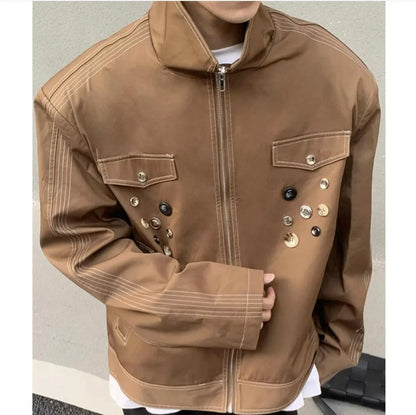 spring retro irregular button mens jacket shoulder pad design trend high street coats motorcycle fashion stand collar outwear unique default style 3858
