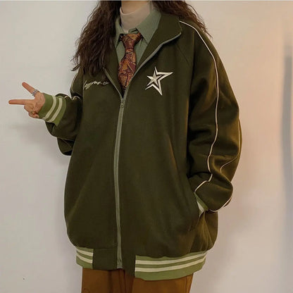 Autumn and winter new Korean star stand collar jacket y2k vintage loose embroidery plush thickened sportswear clothes women Street King Limited