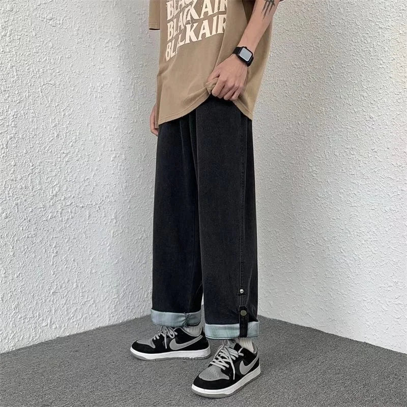 autumn plaid cuffs wide leg jeans for men high street fashion straight denim pants mujer elastic y2k baggy blue jean trousers ripped baggy denim
