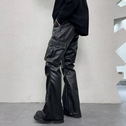 pu leather pants mens streetwear fashion hip hop vibe casual faux leather cargo flared pant men motorcycle trousers unique cargo style 2940
