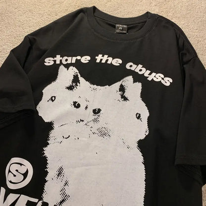 European and American Cute Cat Personalized Graphic T shirt Fashion y2k Cotton Street Retro Hip Hop Harajuku Oversized T shirt Street King Limited