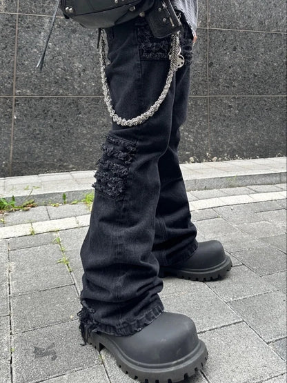 y2k streetwear trendy oversized micro flare jeans black ro hip hop washed tassel distressed denim jean raw edge mens wide pants unique jeans style 4771