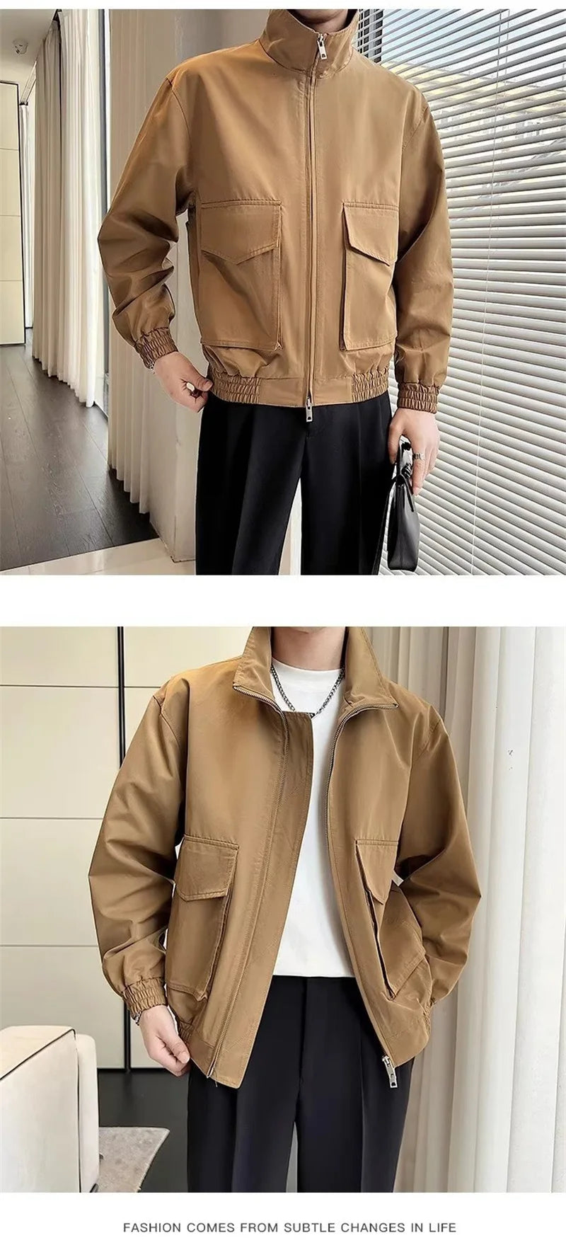 autumn solid color cargo jackets for men new korean fashion zipper cardigan coats stand collar streetwear bomber jacket hombre unique cargo style 1667