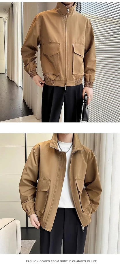 autumn solid color cargo jackets for men new korean fashion zipper cardigan coats stand collar streetwear bomber jacket hombre unique cargo style 1667