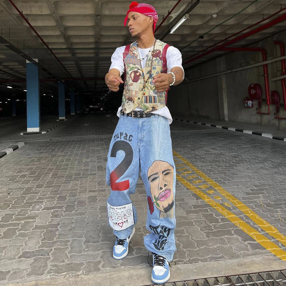 european and american street trend loose straight jeans summer female portrait print hip hop trousers female wide leg pants urban skinny jeans