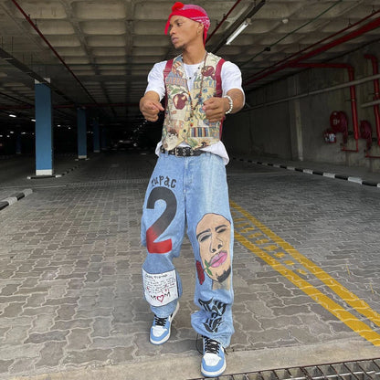 european and american street trend loose straight jeans summer female portrait print hip hop trousers female wide leg pants urban skinny jeans