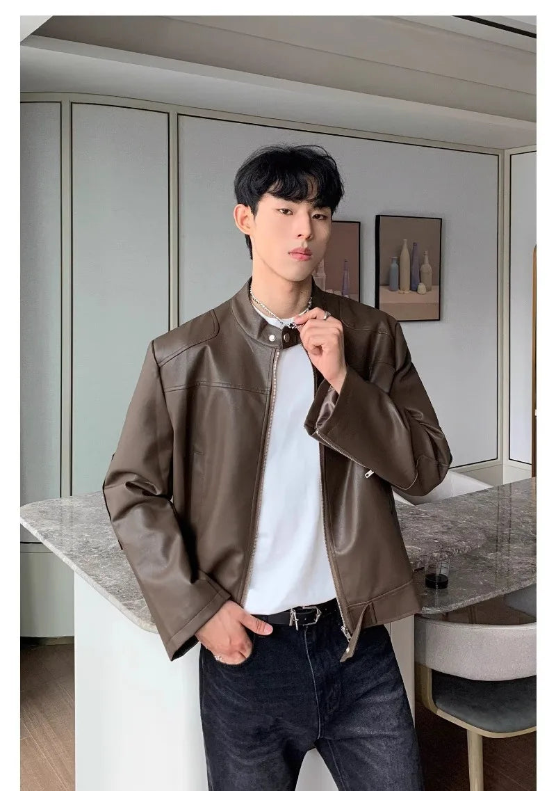 retro american street leather jacket mens autumn 2024 motorcycle standing collar trendy short coat zipper loose bomber outwear unique shorts style 2665