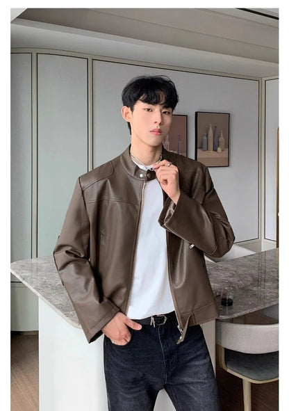 retro american street leather jacket mens autumn 2024 motorcycle standing collar trendy short coat zipper loose bomber outwear unique shorts style 2665