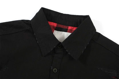 Undermycar 2023 New Worn Out Heavy Work Durable Splice Extra Large Loose Plaid Shirt with Black and Red Plaid Street King Limited