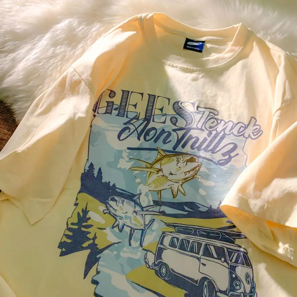 Pure cotton Japanese milk yellow cartoon car print short-sleeved T-shirt for men and women trendy loose and versatile clothes Street King Limited