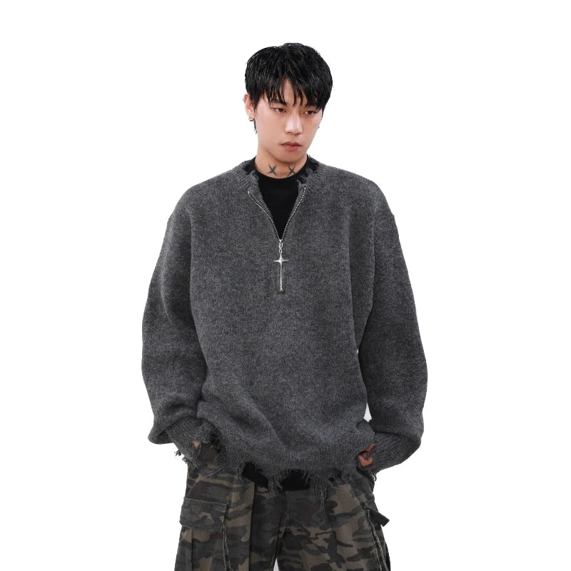 American High Street Mens Sweater 2024 New Autumn Half Zipper Fashion Knitted Tops Damaged Hip-hop Irregular Hem Pullover Street King Limited