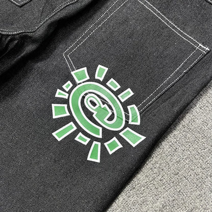 Streetwear Green Logo Print Black Baggy Jeans for Men and Women Straight Casual Loose Denim Trousers Oversized Cargo Pants Street King Limited