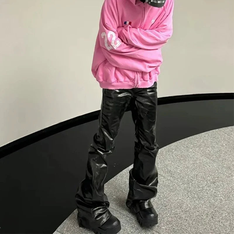 high street wide leg glossy pu leather pants sashes boot cut men and wome straight baggy casual jeans oversized flared trousers unique jeans style 3629