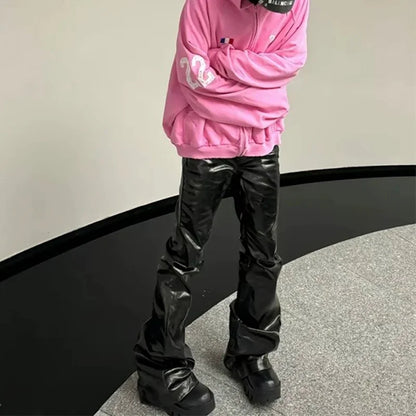 high street wide leg glossy pu leather pants sashes boot cut men and wome straight baggy casual jeans oversized flared trousers unique jeans style 3629