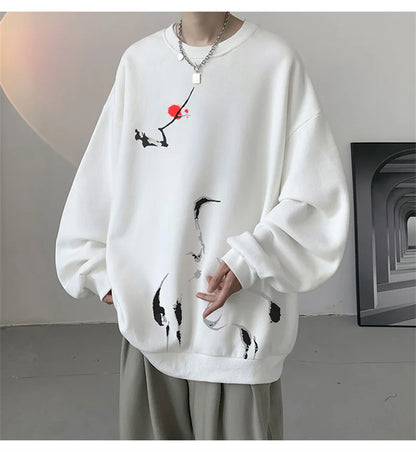 Ink Painting Cartoon Crane Printed Pullover Hoodies For Men 2024 New Hip Hop Fashion Crewneck Hoody Y2K Streetwear Sweatshirts Street King Limited
