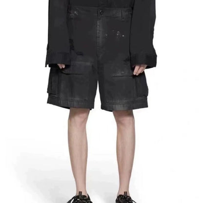 Vintage Ripped Damaged Black Cargo Shorts for Men High Street Wide Leg Baggy Overalls Distressed Summer Knee Length Pants Street King Limited