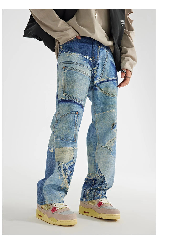 fashion fake patchwork printed denim jeans mens new casual zipper straight loose jeans streetwear hip hop baggy pants joggers unique joggers style 1411