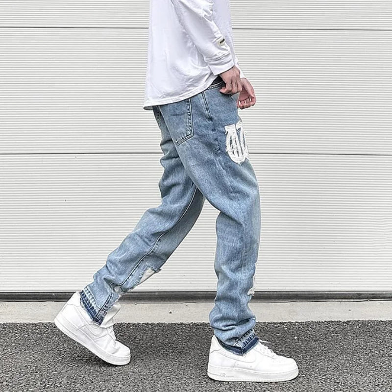 letters patckwork bottom ripped denim jeans men casual straight biker trousers fashion streetwear hip hop jean pants joggers relaxed fit joggers