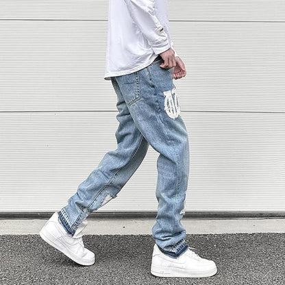 letters patckwork bottom ripped denim jeans men casual straight biker trousers fashion streetwear hip hop jean pants joggers relaxed fit joggers