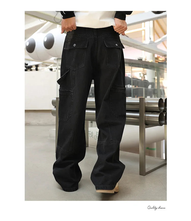 men american streetwear fashion loose casual hip hop wide leg black denim baggy jeans pants man y2k cargo jeans trousers unique cargo style 2220