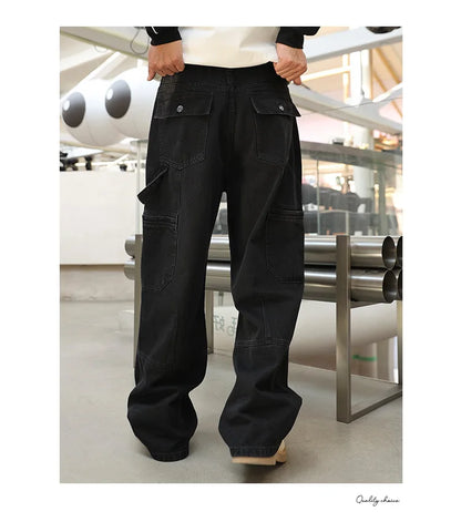 men american streetwear fashion loose casual hip hop wide leg black denim baggy jeans pants man y2k cargo jeans trousers unique cargo style 2220