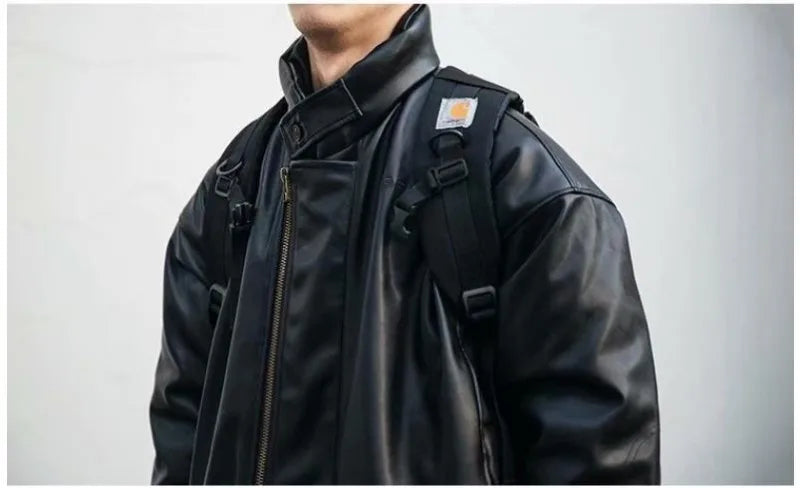 japanese street motorcycle set men thickened stand collar hip hop leather jacket harajuku casual pants 2 pcs bomber suit 2023 unique default style 4355