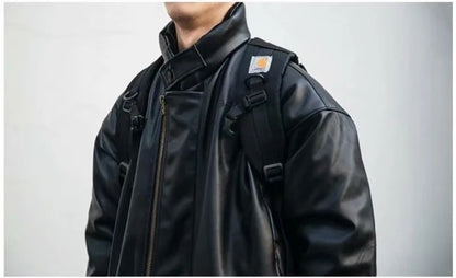 japanese street motorcycle set men thickened stand collar hip hop leather jacket harajuku casual pants 2 pcs bomber suit 2023 unique default style 4355