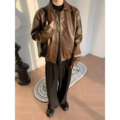 new retro short pu leather jacket mens brown japanese hip hop bomber coats motorcycle punk trend windbreaker y2k streetwear unique shorts style 3442