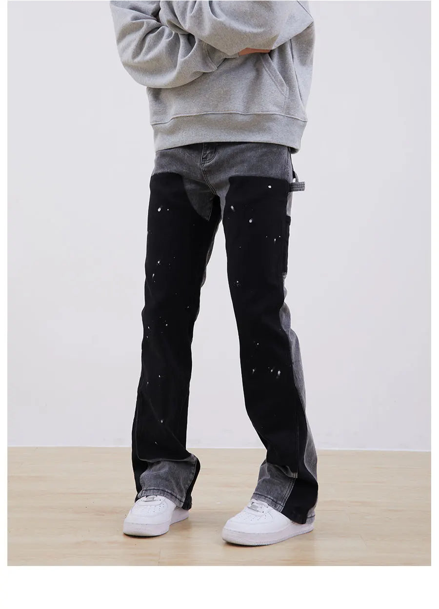 streetwear cleanfit double knee graffiti baggy pants jeans y2k vintage flare denim pants men patchwork patches for women clothes unique jeans style 126