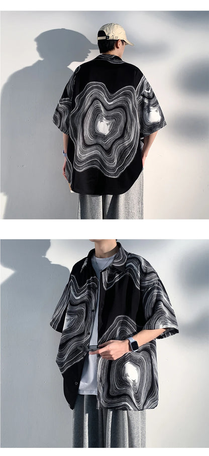 Summer Short Sleeve Shirt Men Fashion Retro Print Shirt Men Loose Black White Ice Silk Shirts Mens Hawaiian Shirt Large Size Street King Limited