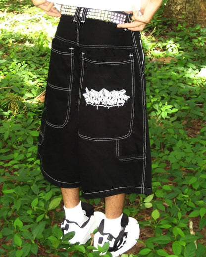 wexwear embroidery skate cargo jeans denim shorts baggy retro y2k harajuku gym basketball shorts streetwear men clothing multi-pocket cargos